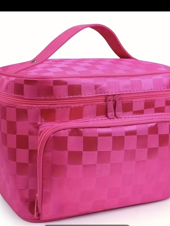 Handbags - Bright Pink Checker Satin Cosmetic Travel Bag